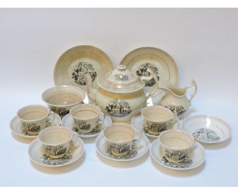 A 19th century Sunderland lustre tea service, printed in black with a memorial scene titled 'In memory of HRH Frederick Duke 