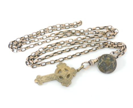 A gold belcher link guard chain, tested as approximately 9ct gold, with gold Celtic cross and military button, 20.4g