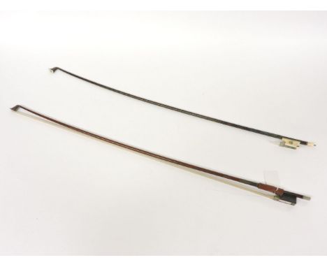 A violin bow, with scrolling ivory and mother of pearl inlaid frog, and a further bow, 75cm long