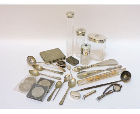 A box of assorted silver and plated items, including an enamel and silver scent bottle, and niello snuff box