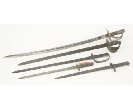 A 19th century cavalry sword, blade 89cm, an 18th/19th century naval cutlass, blade 74cm, a Victorian bayonet by Wilkinson - 