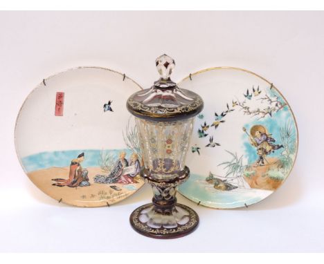 A Bohemian ruby flash and enamel decorated vase and cover, 27cm, and a pair of late 19th century 'Japonesque' plates, 22.5cm