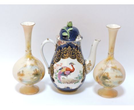 A Worcester type coffee pot and cover, blue scale ground and exotic birds, and a pair of Lock & Co Worcester swan vases, tall