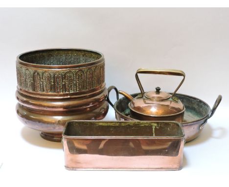 A 19th century copper cream pan, late 19th century copper jardinière, rectangular planter, and a copper kettle