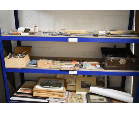 A shelf (Middle) of miscellaneous items including Cutlery, Vintage Booklets and Ephemera. 