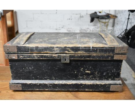 A vintage metal bound tool chest with fitted interior and a collection of vintage woodworking tools. H.36 x W.84 x D.43cm 
