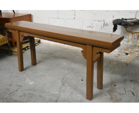 A Chinese painted hardwood console table on square section supports. 86cm L x 37cm D x 82cm H. 