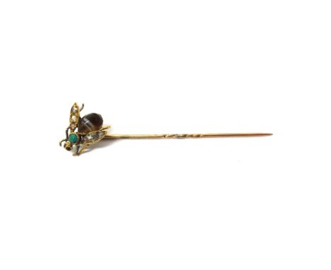 A rose diamond, banded agate and turquoise set stick pin, designed as a winged insect, having a banded agate set body, rose d