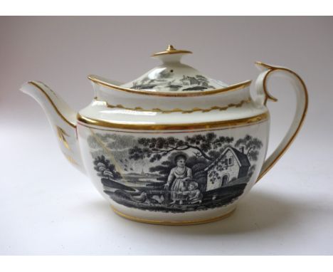 A group of English black bat printed porcelain teawares, early 19th century, including Ridgway and Spode, comprising; two tea