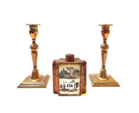 A Louis XVI straw work and declomania glass set tea caddy, late 18th/early 19th century (a.f), 14cm high, and a pair of Georg