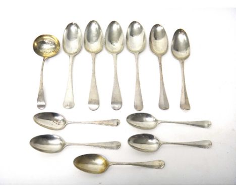 Silver flatware, comprising; a George I rat tail pattern dessert spoon, London 1720, a George III shell pattern tablespoon, L