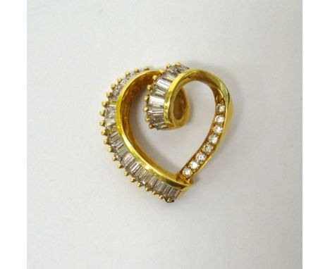 A gold and diamond set pendant, designed as an openwork heart, mounted with baguette and circular cut diamonds, detailed 18 K