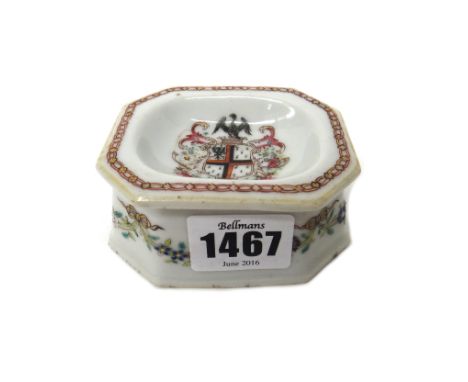 A group of Chinese export porcelain, 18th century, comprising; an armorial trencher salt, painted with a coat of arms beneath