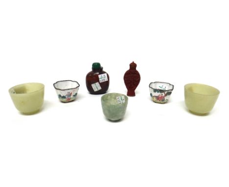 A group of Chinese works of art, various dates, comprising; a pair of small Canton enamel cups painted with figures in a land