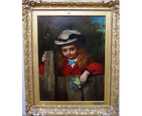 Follower of Charles Baxter, A young girl with a posy at a gate, oil on canvas, 64cm x 49cm.