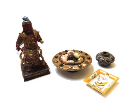 A Victorian brass footed bowl of Gothic form, the wide rim inset with striated agate cabochons, 32cm diameter, together with 