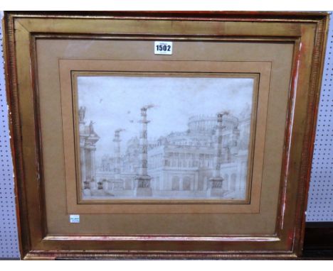 Attributed to Giuseppe Galli Bibiena (1696-1756), An architectural capriccio, pencil and sepia wash, 24cm x 32cm.
