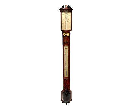 A mid-19th century mahogany stick barometer by 'J. B. Dancer, Manchester', with brass pineapple finial and broken arch pedime