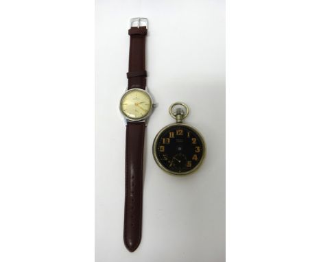 A gentleman's base metal cased, keyless wind Rolex M.O.D issue openfaced pocket watch, with a signed jewelled lever movement,