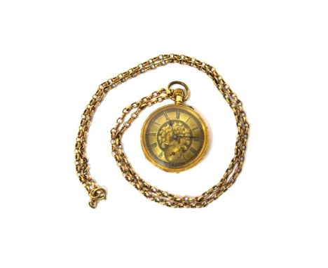 A lady's gold cased, keyless wind, openfaced fob watch, with a gilt jewelled lever movement, base metal inner case, the decor