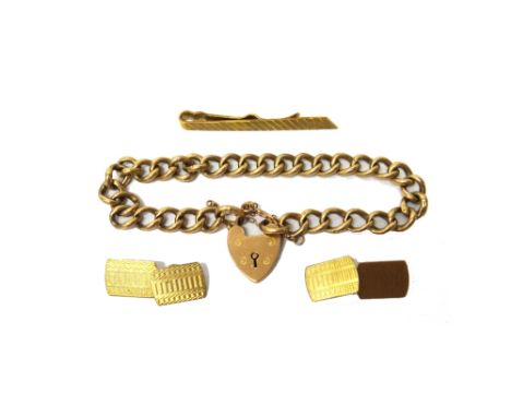 A gentleman's 9ct gold tie slide, with banded decoration, a pair of gold curved rectangular cufflinks, with engine turned dec