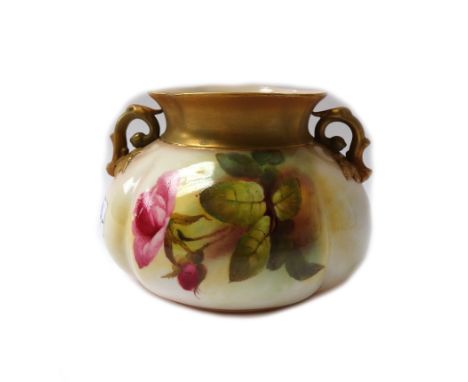 A Royal Worcester two handled vase, circa 1911, of squat lobed form, painted by J.Herman, signed, with pink roses, green prin