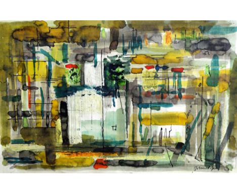 John Piper (1903-1992), Green abstract, pen, ink and watercolour, signed, 21.5cm x 34cm. DDS   Illustrated