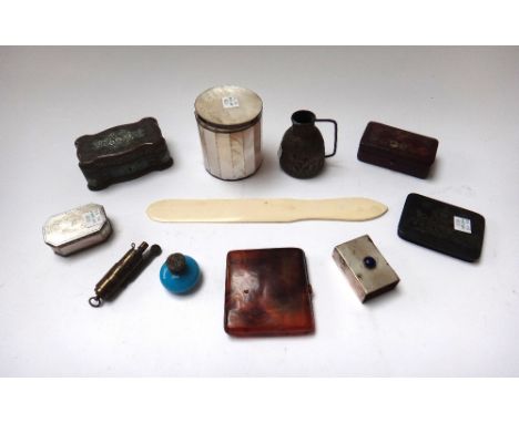 A set of four white metal sewing implements, early 20th century, in a fitted gilt leather case, together with a 19th century 