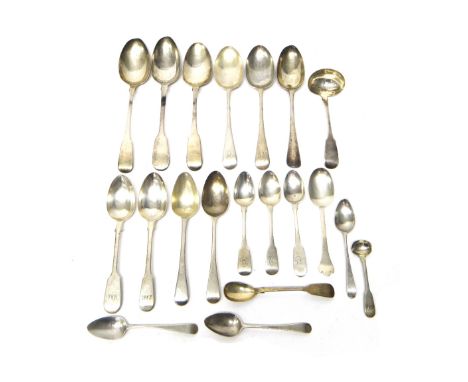 Mostly silver table flatware, comprising; an Irish fiddle pattern sauce ladle, Dublin 1833, a pair of tablespoons, Sheffield 