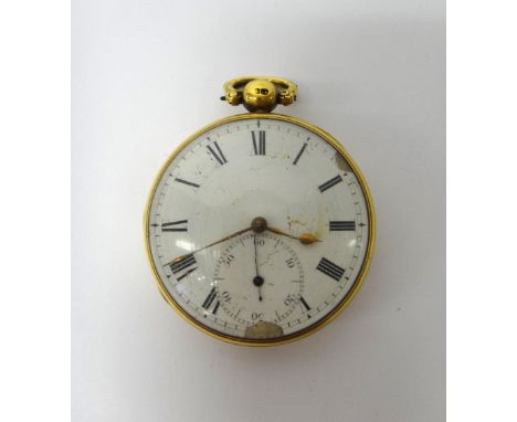 A gentleman's 18ct gold cased, key wind, openfaced pocket watch, with an unsigned gilt movement, gold inner case, the enamell