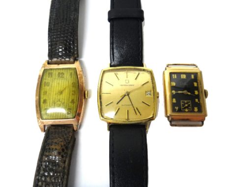 A gentleman's gold curved square cased Universal Geneve Automatic wristwatch, the signed gilt dial with baton shaped numerals