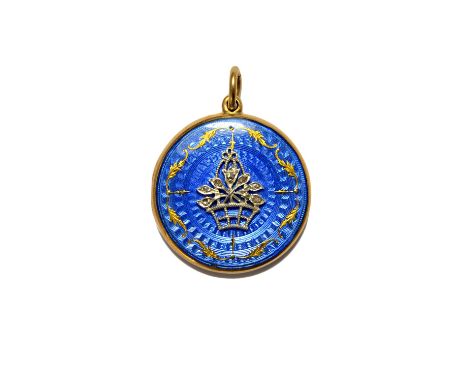 A pale blue enamelled and rose diamond set circular pendant locket, the front with a basket of flowers motif, on a gilt highl