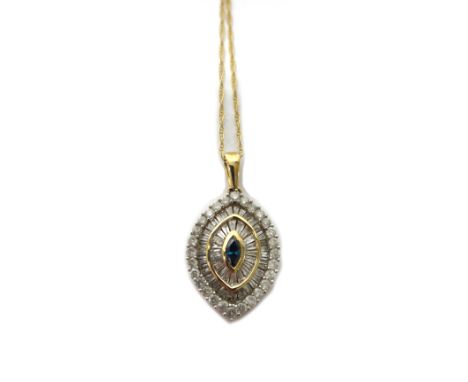 A 9ct gold, sapphire and diamond set pendant, in a navette shaped design, mounted with the marquise sapphire at the centre an