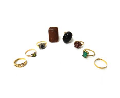 An 18ct gold, sapphire and diamond set square cluster ring, a 9ct gold and ruby set cluster ring, (one ruby lacking), five fu