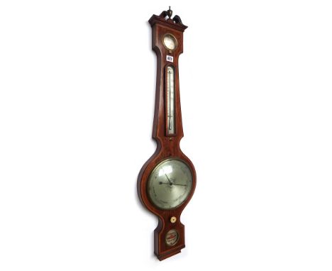 A mid-19th century rosewood crossbanded boxwood and ebony strung wheel barometer by J. King, Bristol, the swan neck pediment 