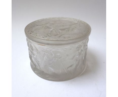 A Lalique frosted glass circular box and cover, pre-war, 'Figurines Drapees Dansant' pattern, relief moulded with Art Deco fe