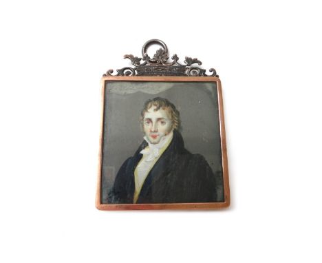 An early 19th century Continental portrait miniature on ivory of a gentleman, dark blue coat and yellow waistcoat, in an unma