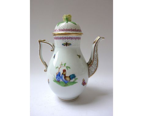 A Herend porcelain tea service decorated with cockerels and hens against a white gilt ground, with a wide relief moulded bask