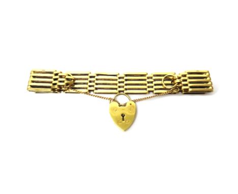 A 9ct gold, bar and oval link gate bracelet, on a 9ct gold heart shaped padlock clasp, weight 23.7 gms.