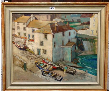 Neville Sotheby Pitcher (1889-1959), Harbour village, oil over pencil on board, signed, 43cm x 53cm. DDS
