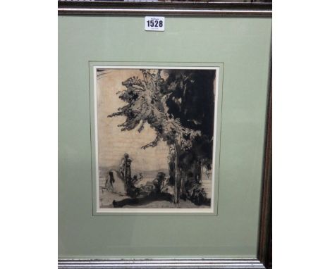 Sir Frank Brangwyn (1867-1956), Figures beneath a tree, pen, ink and wash, signed, 25cm x 19.5cm. DDS