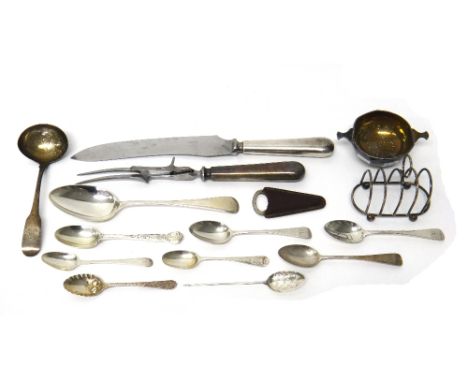 Silver, comprising; a mote spoon, mid 18th century, an Irish fiddle pattern sauce ladle, Dublin probably 1832, an Old English