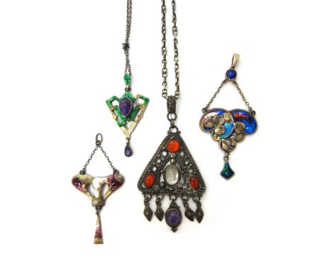 A cornelain, amethyst quartz and moonstone set triangular pendant, the front with a row of five drops, in an Arts & Crafts de