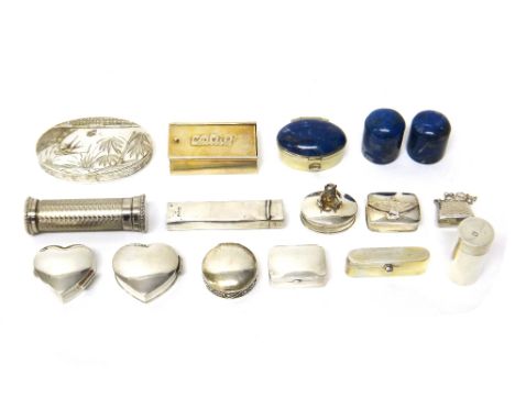 A group of sixteen items, comprising; three lapis lazuli boxes, a Victorian oval plated snuff box with engraved decoration, a