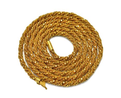 A gold long neckchain, in an interwoven ropetwist and bead style link design, on a snap clasp, detailed K 18, length 116.5cm,