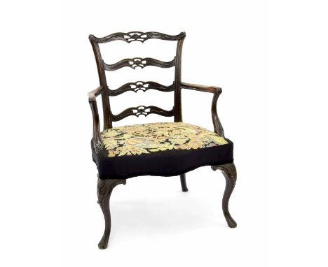 Good 18th century mahogany ladder back carver dining chair, the open back with four pierced foliate carved horizontal splats 