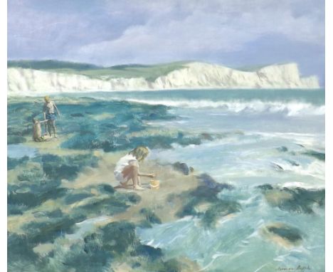 •Robert Norman Hepple R.A.,R.P (1908-1994) - Beach scene with children amongst rocks and sand, signed, oil on ply, 25" x 30" 