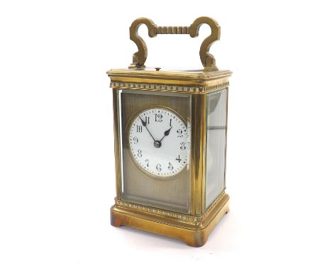 French repeating carriage clock, Richard & Co trademark, 7.5" high with handle raised (balance at fault)