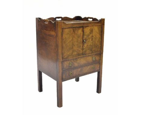 George III mahogany night commode, the shaped gallery top over two cupboards and a pullout compartment with dummy drawers, 22