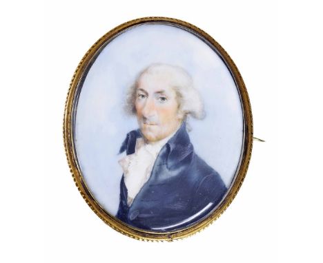 Miniature School (19th century) - oval portrait of an elderly gentleman wearing a blue jacket with white cravat, within a gil